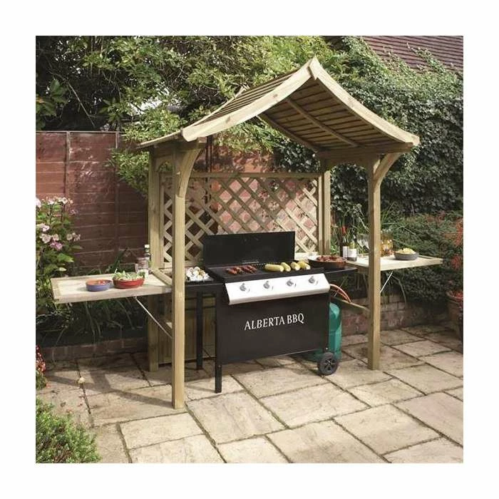 Wooden 2-Seater Arbour/BBQ Shelter With Fold-out Trays By Rowlinson® - 2.4m 3 Wooden 2-Seater Arbour/BBQ Shelter With Fold-out Trays By Rowlinson® - 2.4m