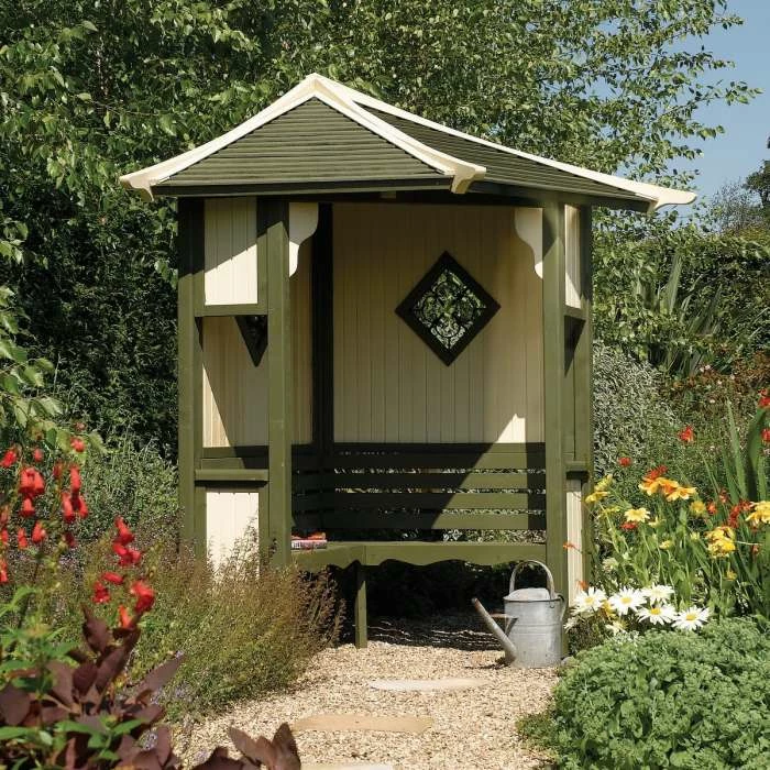 Haven Wooden Three Seater Corner Arbour With Green And White Detailing By Rowlinson® - 2.5m 4 Haven Wooden Three Seater Corner Arbour With Green And White Detailing By Rowlinson® - 2.5m - Image 2