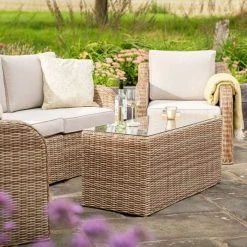 'Peony' Luxury Rattan 4 Seater Modular Garden Sofa Set With Coffee Table By Primrose Living -Plants outlet store Natural FU102228 5 FullSetCloseOff 3d78