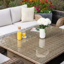 'Peony' Luxury Rattan 8 Seater Modular Garden Sofa Set With Rising Table And Parasol By Primrose Living -Plants outlet store Natural FU102233 1 TableClose a8bc