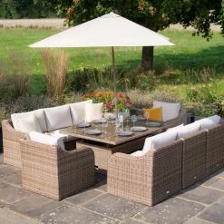 'Peony' Luxury Rattan 8 Seater Modular Garden Sofa Set With Rising Table And Parasol By Primrose Living -Plants outlet store Natural FU102233 2 FullSet a22c