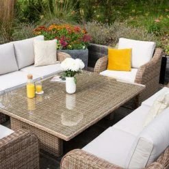 'Peony' Luxury Rattan 8 Seater Modular Garden Sofa Set With Rising Table And Parasol By Primrose Living -Plants outlet store Natural FU102233 9 TableChairsSofa 95e6