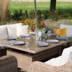 'Peony' Luxury Rattan 8 Seater Modular Garden Sofa Set With Rising Table And Parasol By Primrose Living -Plants outlet store Natural FU102233 SullSetCloseClose 664b