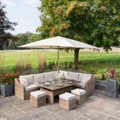 'Peony' Luxury Rattan 9 Seater Modular Garden Sofa Set With Rising Rectangular Table And Footstools By Primrose Living