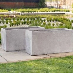 Trough 80cm Handmade Fiberstone Planters (set Of 2) In Grey - Exclusive To Primrose