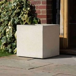 Cube 40cm Handmade Fiberstone Planter In Cream - Exclusive To Primrose -Plants outlet store PP26CRML 2 PP26CRMM 2 0991
