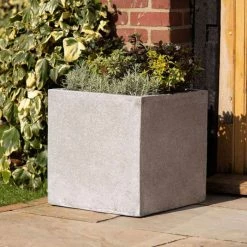 Cube 40cm Handmade Fiberstone Planter In Grey - Exclusive To Primrose