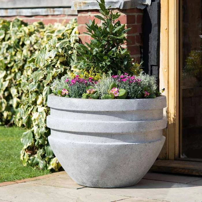 Round Double Rimmed 80cm Handmade Fiberstone Planter In Grey - Exclusive To Primrose 3 Round Double Rimmed 80cm Handmade Fiberstone Planter In Grey - Exclusive To Primrose