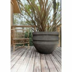 Round Double Rimmed 80cm Handmade Fiberstone Planter In Black - Exclusive To Primrose