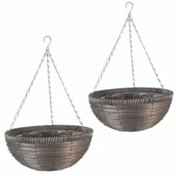 Set Of Two 36cm Faux Rattan Hanging Basket Planters In Slate By Smart Garden