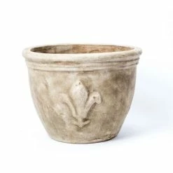 D47cm Stone Terracotta Planter With Fleur De Lis