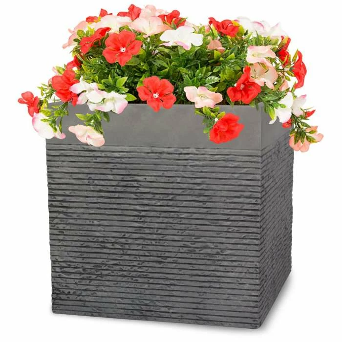 H30cm Medium Light Grey Fibrecotta Brick Design Cube Pot - By Primrose™ 3 H30cm Medium Light Grey Fibrecotta Brick Design Cube Pot - By Primrose™