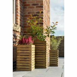 Set Of 3 Wooden Contemporary Slatted Planters