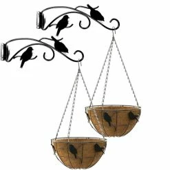 Black 36cm Perching Birds Hanging Basket And Bracket Set