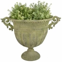 46cm Aged Metal Large Green Urn Oval Planter