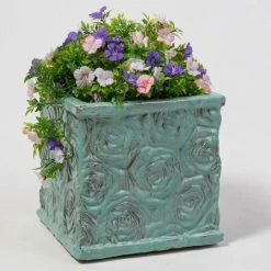 30cm Glazed Blue Ceramic Rose Patterned Cube Planter - Small -Plants outlet store PP7990 add image 2 d280