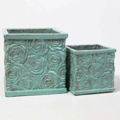 30cm Glazed Blue Ceramic Rose Patterned Cube Planter - Small -Plants outlet store PP7990 add image 4 45f0