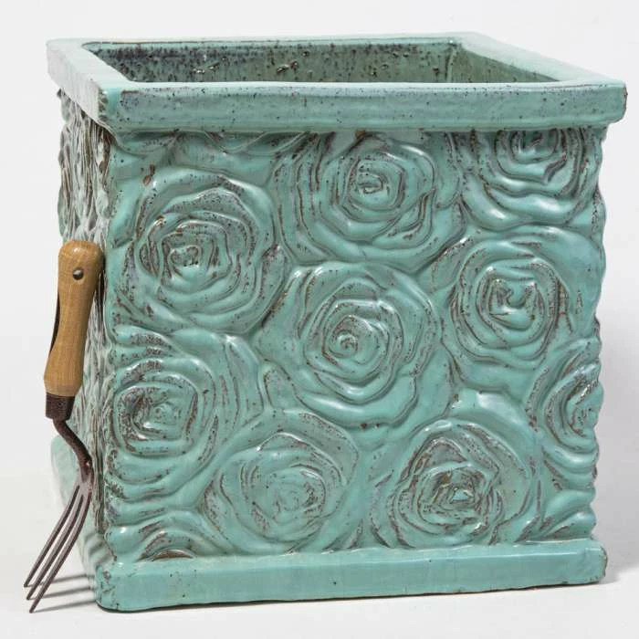 42cm Glazed Blue Ceramic Rose Patterned Cube Planter - Large 5 42cm Glazed Blue Ceramic Rose Patterned Cube Planter - Large - Image 3