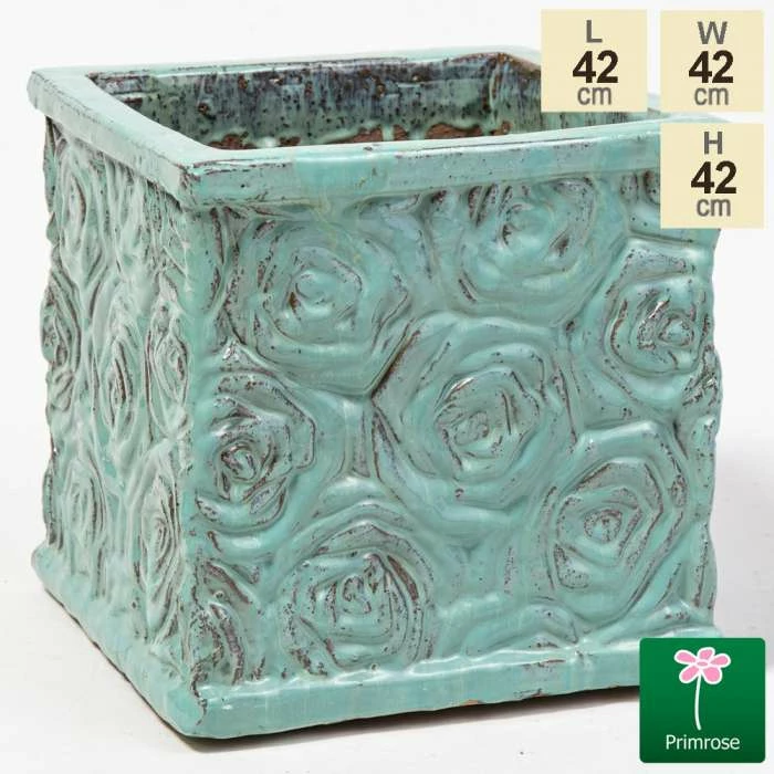 42cm Glazed Blue Ceramic Rose Patterned Cube Planter - Large 3 42cm Glazed Blue Ceramic Rose Patterned Cube Planter - Large