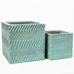 42cm Glazed Blue Ceramic Zig Zag Pattern Cube Planter - Large -Plants outlet store PP7993 add image 4 a003