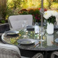 Luxury 6 Seater Circular Garden Dining Set In Stone Rattan By Primrose Living 8 Luxury 6 Seater Circular Garden Dining Set In Stone Rattan By Primrose Living -Plants outlet store Stone FU102244 2 Table 5f54