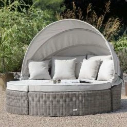 'Peony' Luxury Rattan Modular Daybed Sofa Set With Retractable Canopy In Stone By Primrose Living