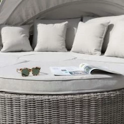 'Peony' Luxury Rattan Modular Daybed Sofa Set With Retractable Canopy In Stone By Primrose Living -Plants outlet store Stone FU102247 3 CushionwithSunglasses bd4e
