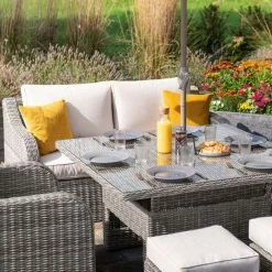 'Peony' Luxury Rattan 6 Seater Modular Garden Sofa Set With Square Rising Table And Parasol In Stone By Primrose Living -Plants outlet store Stone FU102255 4 TableChairs 2ea3