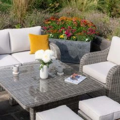 'Peony' Luxury Rattan 6 Seater Modular Garden Sofa Set With Square Rising Table And Parasol In Stone By Primrose Living -Plants outlet store Stone FU102255 6 TableChairs2 34a1
