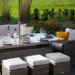 'Peony' Luxury Rattan 8 Seater Modular Garden Sofa Set With Rectangular Table And Parasol In Stone By Primrose Living -Plants outlet store Stone FU102256 4 FootstoolsTable 5cd5