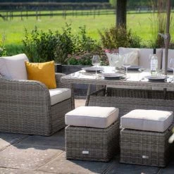 'Peony' Luxury Rattan 8 Seater Modular Garden Sofa Set With Rectangular Table And Parasol In Stone By Primrose Living -Plants outlet store Stone FU102256 5 FootstoolsChairTable d256