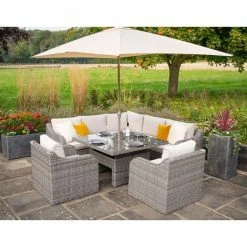 'Peony' Luxury Rattan 7 Seater Modular Garden Sofa Set With Square Rising Table In Stone By Primrose Living