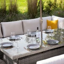 'Peony' Luxury Rattan 10 Seater Modular Garden Sofa Set With Rectangular Table In Stone By Primrose Living -Plants outlet store Stone FU102264 6 TableClose2 b35c