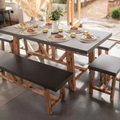 Rustic Cement & Acacia Wood 6 Seater Dining Set With Benches By Primrose Living -Plants outlet store Wood Cement FullSetInside2 bcbd
