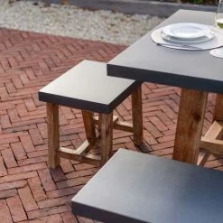 Rustic Cement & Acacia Wood 6 Seater Dining Set With Benches By Primrose Living -Plants outlet store Wood Cement Stool 51cf