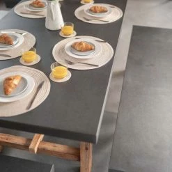 Rustic Cement & Acacia Wood 6 Seater Dining Set With Benches By Primrose Living -Plants outlet store Wood Cement TableTop 8483